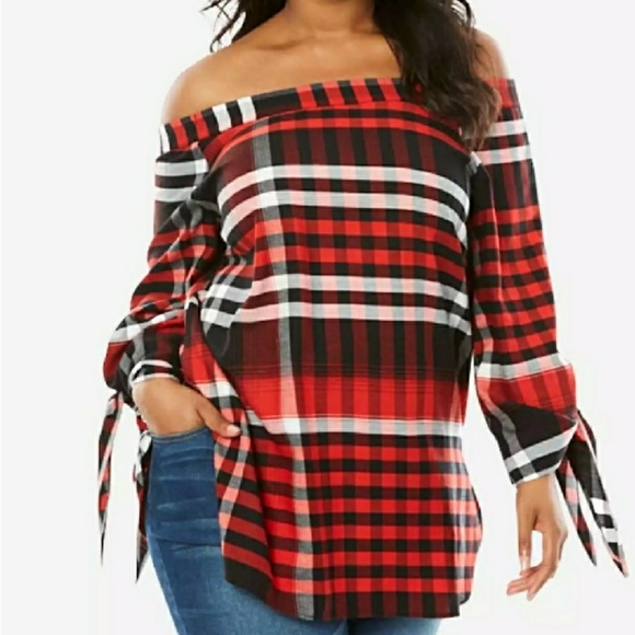 Denim 24/7 Tops - Festive off-the-Shoulder Plaid Tunic